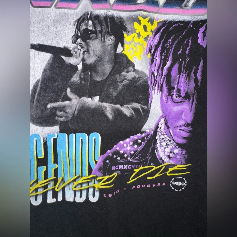 Juice Wrld Black Graphic T-Shirt Purple and Yellow Accents L music streetwear